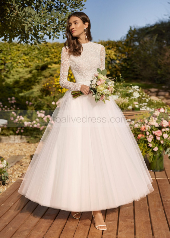 Beaded Ivory Lace Tulle Ankle Length Keyhole Back Wedding Dress